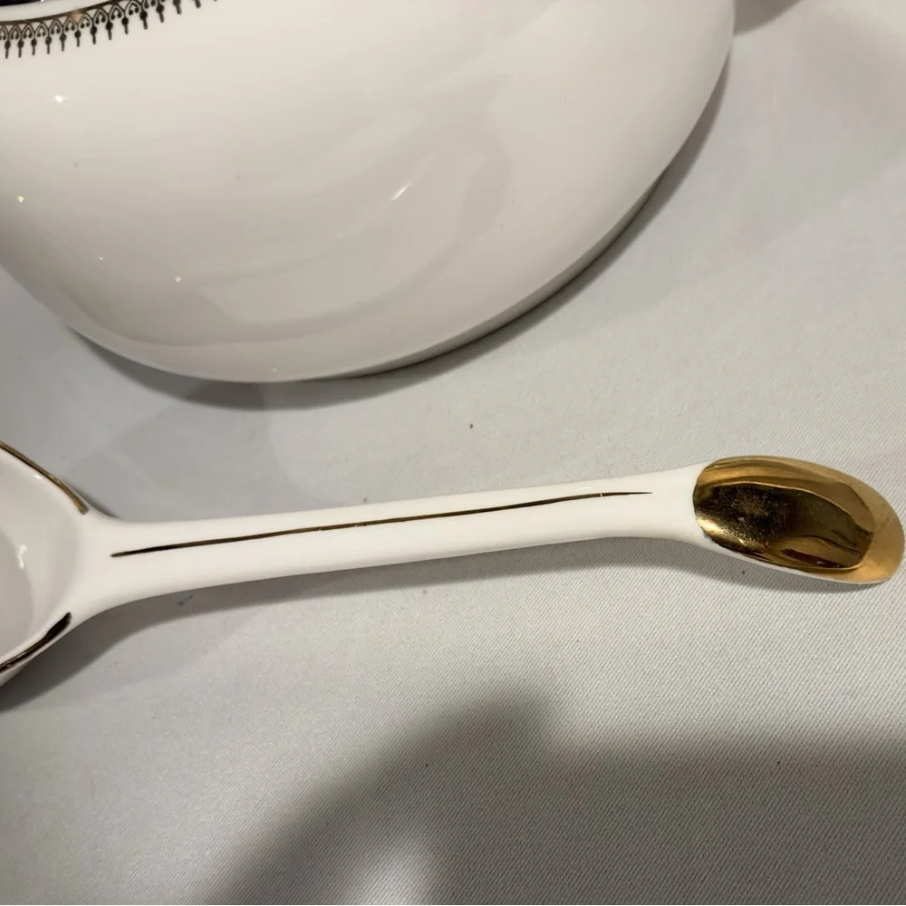 Chodziez Poland Porcelain Soup Tureen and Ladle Black Gold Band Filligree